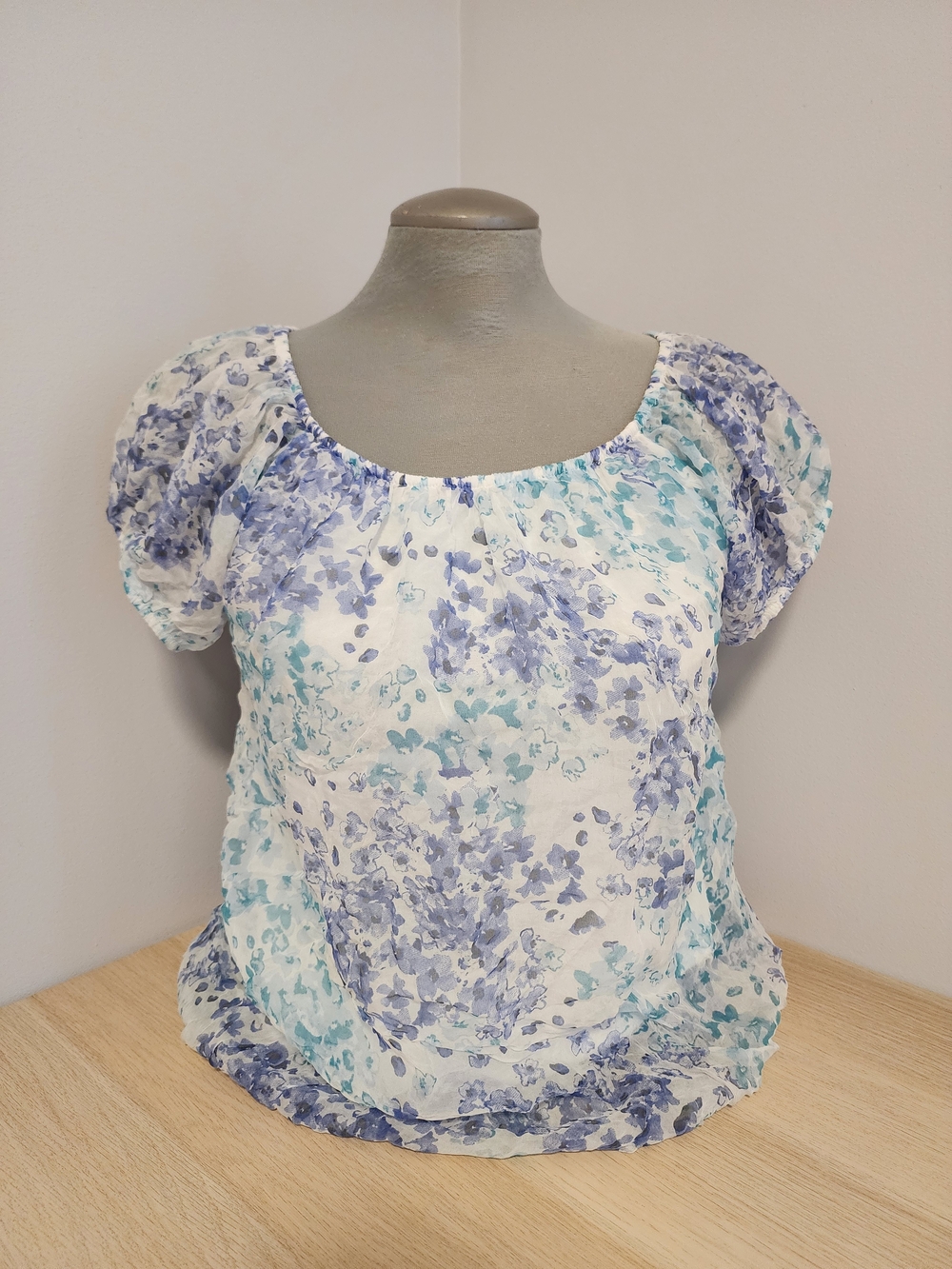 Tendenze Made In Italy 100% Silk Floral Blouse Double Layer Blue White Small